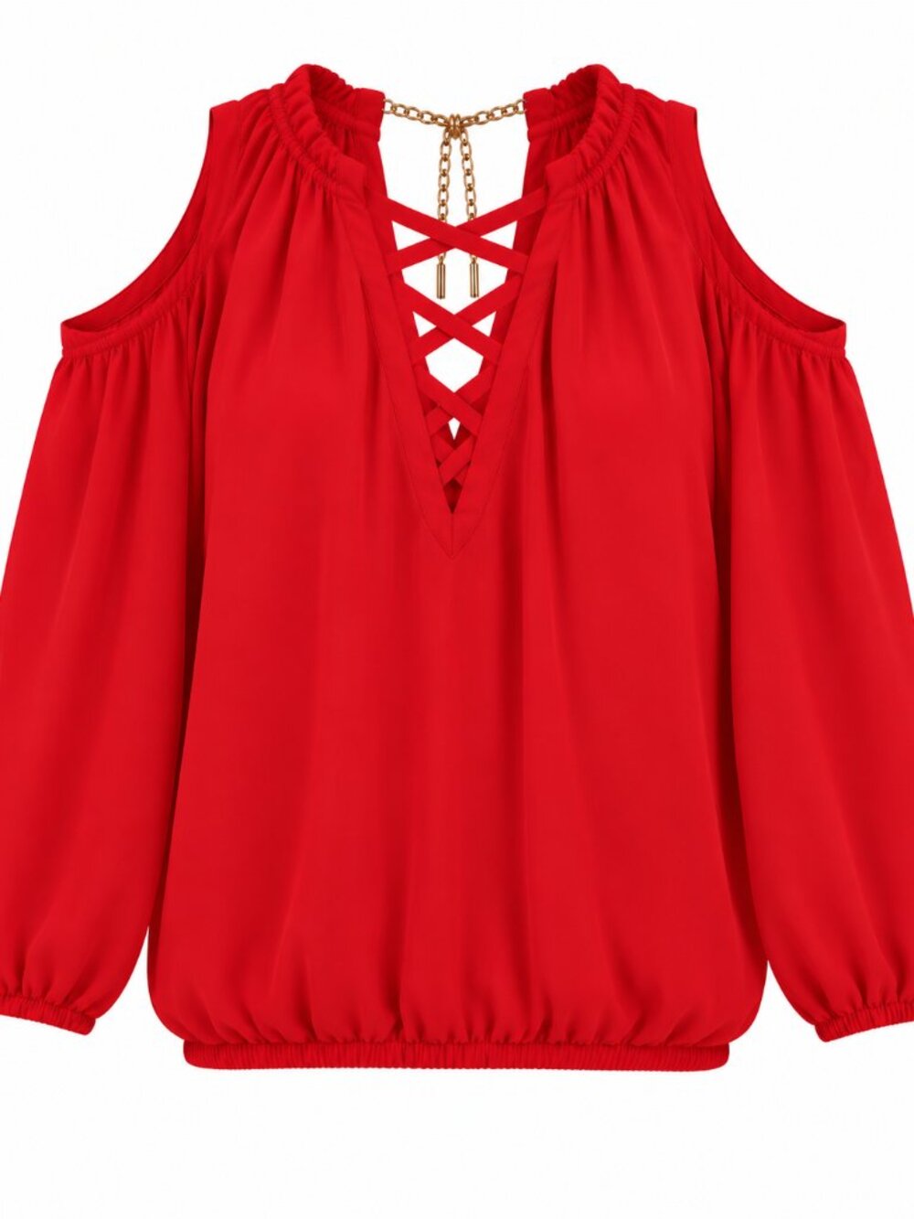BOLD Elements Women's 1X Red Cold Shoulder Criss Cross Gold Chain Blouse